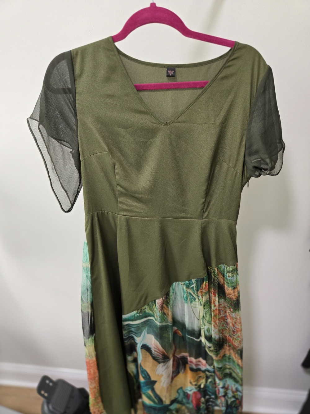 Women's Olive Green Mixed-Print V-Neck Dress
